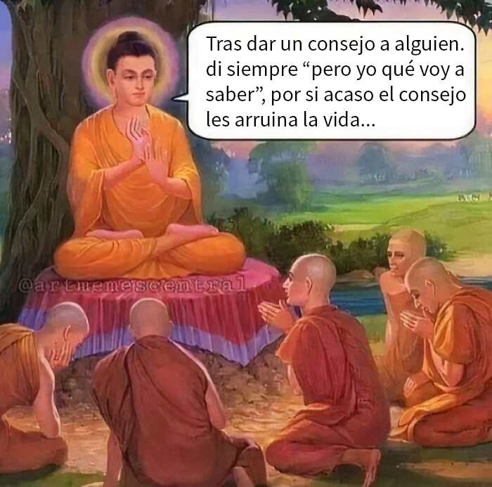 Monjes escuchando a un sabio en una escena divertida para disfrutar a la hora del té.