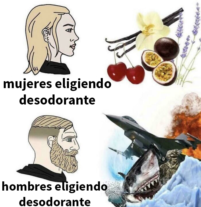 Meme divertido comparando cómo mujeres y hombres eligen desodorante con imágenes contrastantes.