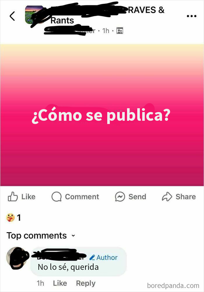 Persona mayor confusa al intentar publicar en redes sociales, fondo rosa con el texto: "¿Cómo se publica?".