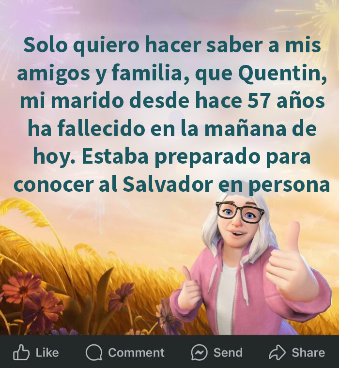 Persona mayor en redes sociales compartiendo un mensaje sobre su esposo fallecido, con avatar animado y fondo floral.